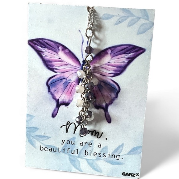 GANZ Jewelry - Mom, You are a Beautiful Blessing Stand with Dainty Purple Beaded Necklace